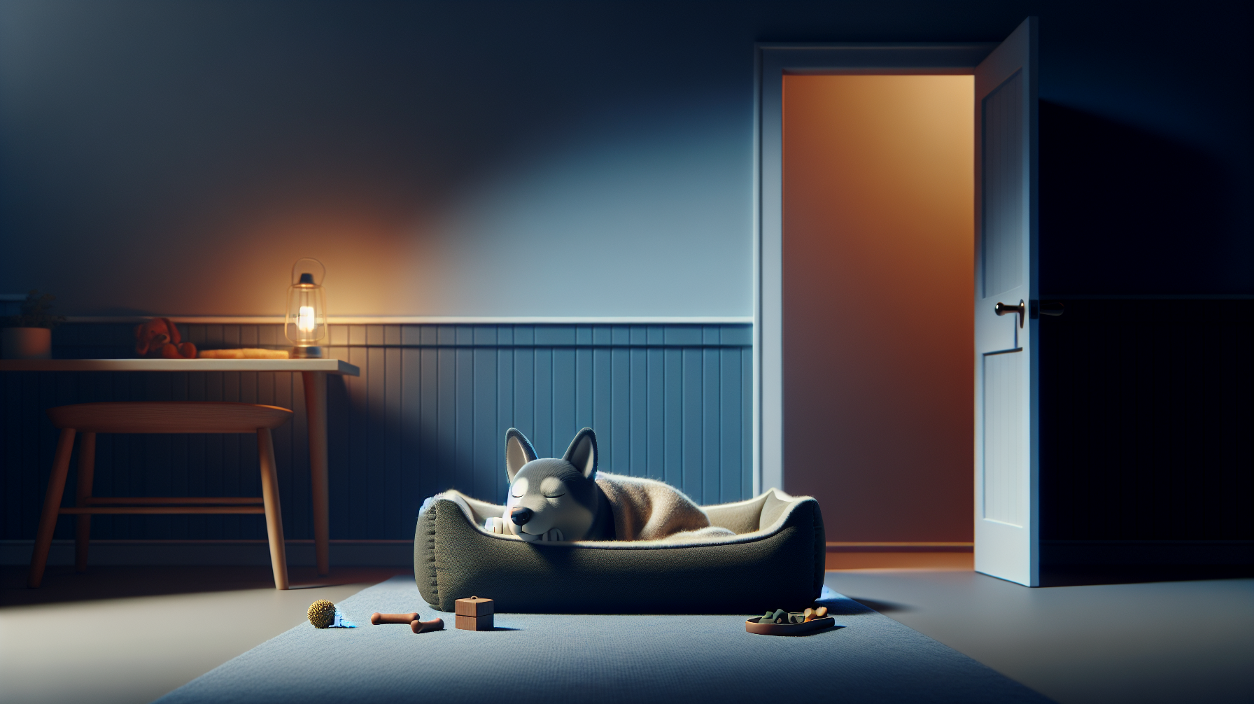 Dog asleep in his own bed with dog toys around him