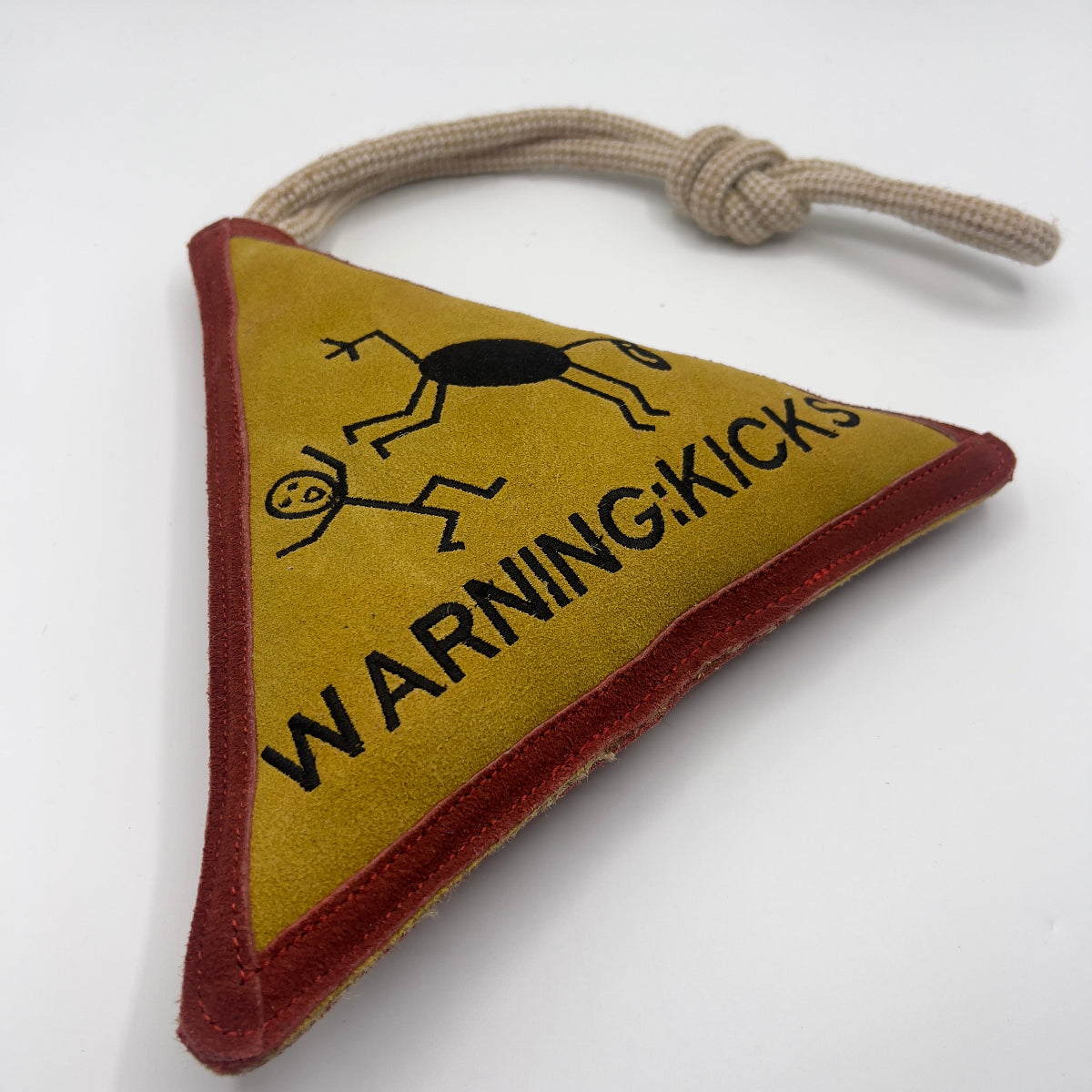 Triangle-shaped horse and dog toy with 'Warning Kicks!' warning sign and rope
