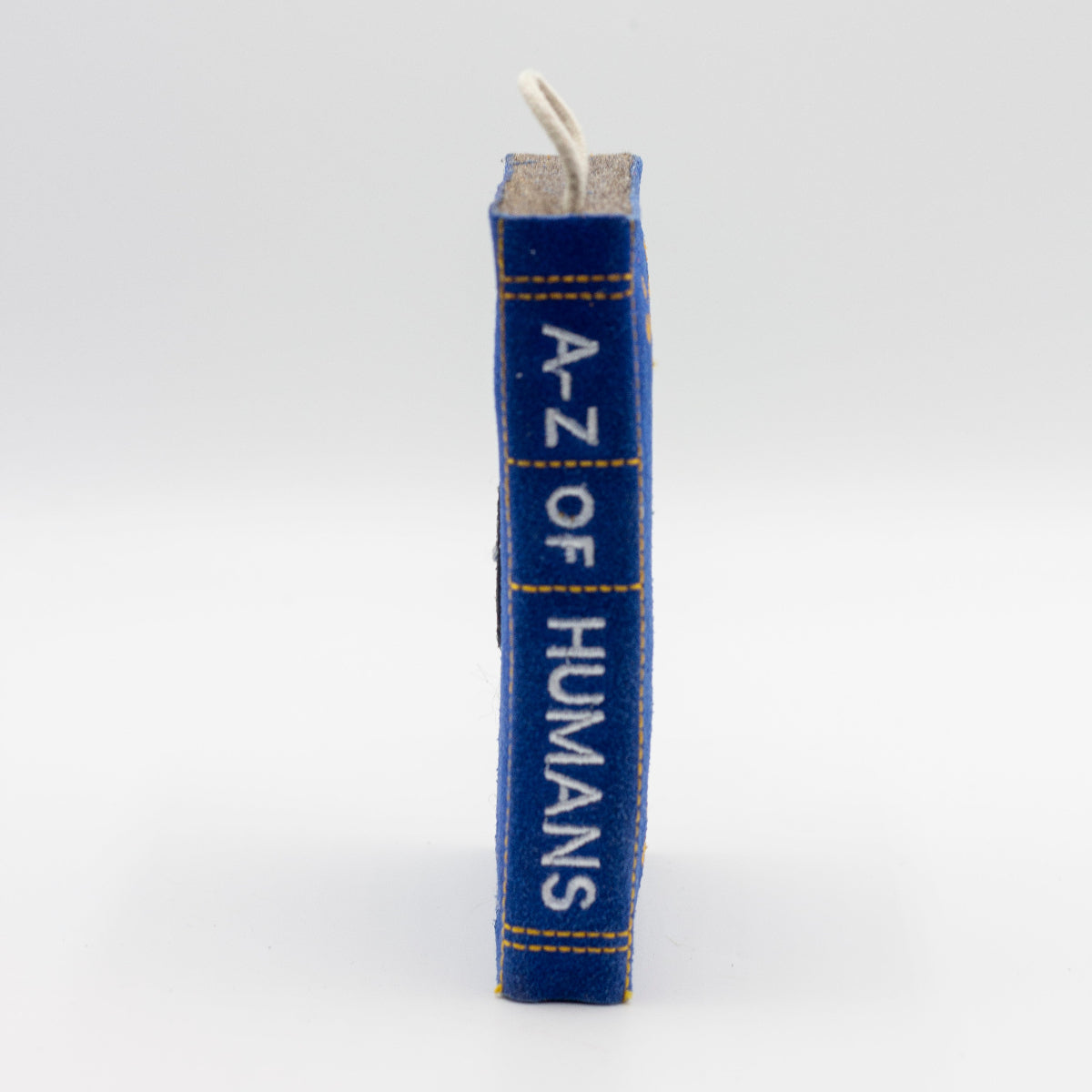 dog toy the shape of ablue book with 'A-Z of Humans' text