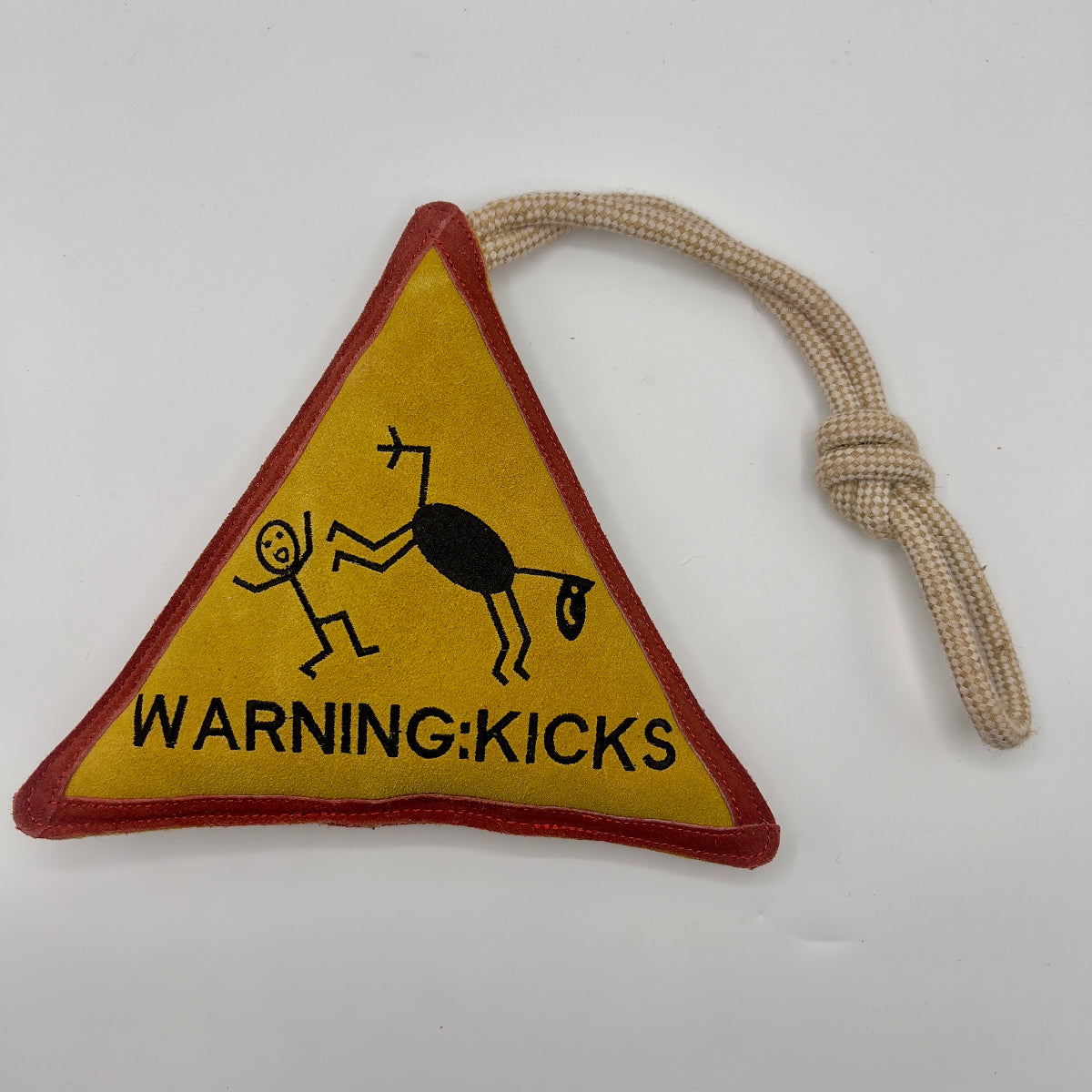 Triangle-shaped horse and dog toy with 'Warning Kicks!' warning sign and rope