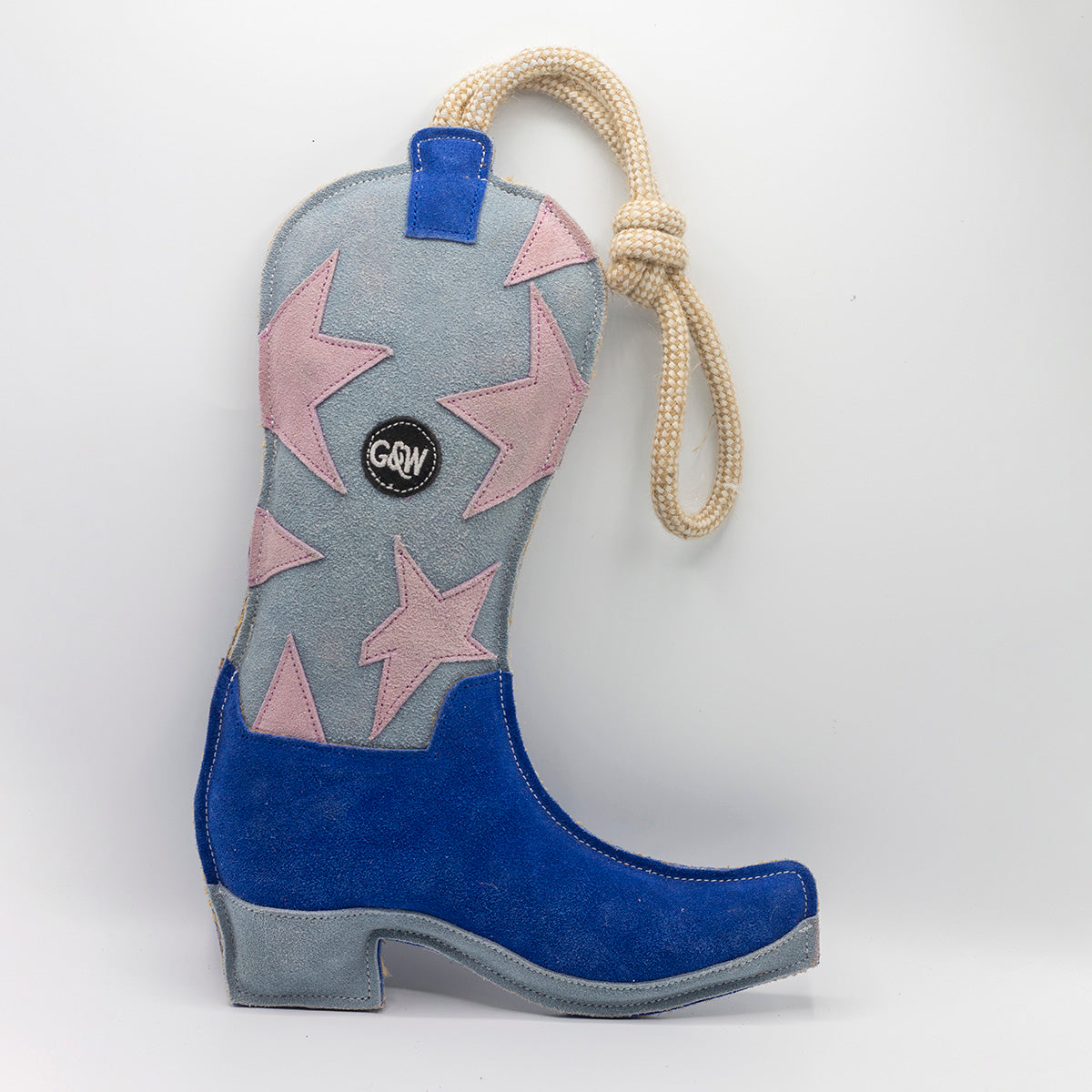 Blue and grey cowboy boot-shaped dog toy with pink stars