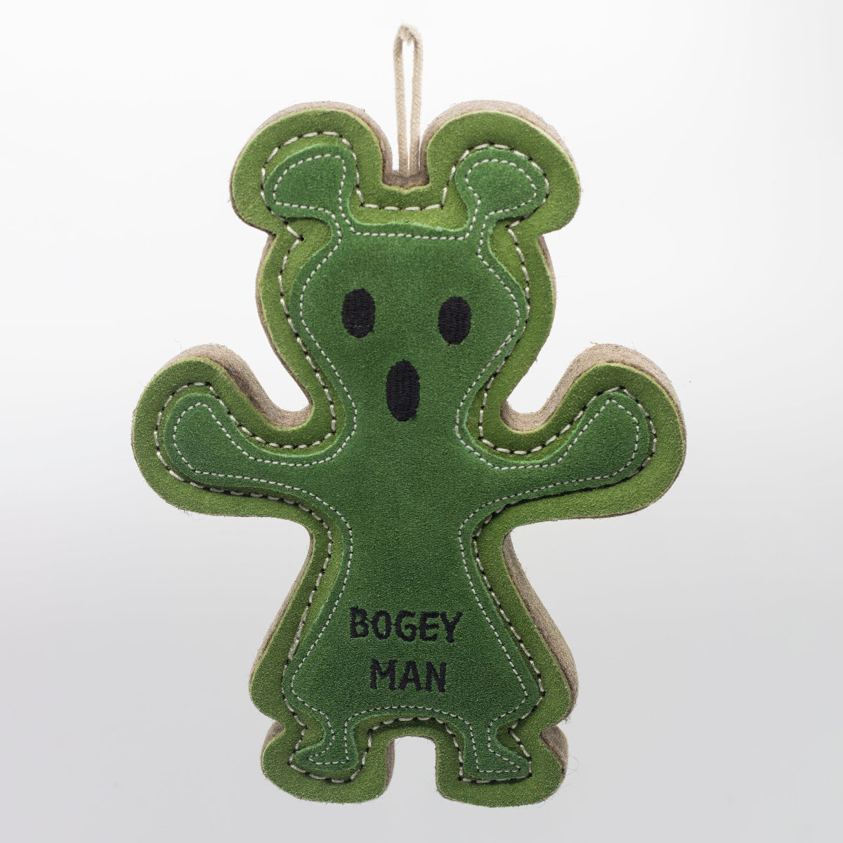 Green and brown dog toy shaped like a 'BOGEY MAN'