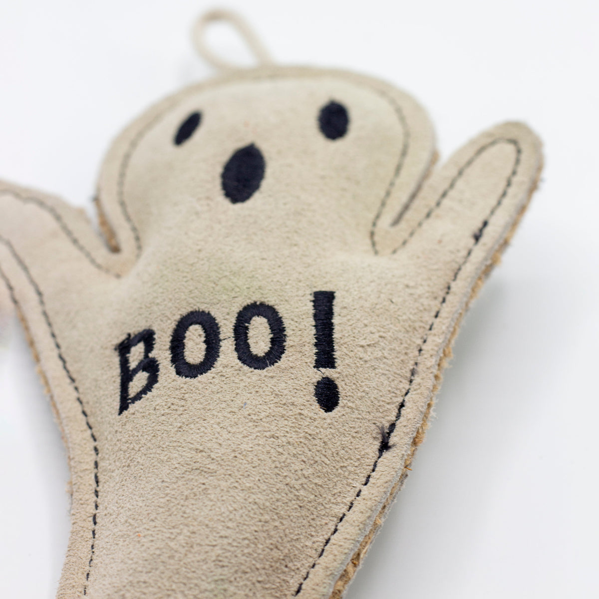 Halloween dog toy shaped as ghost with 'BOO!'