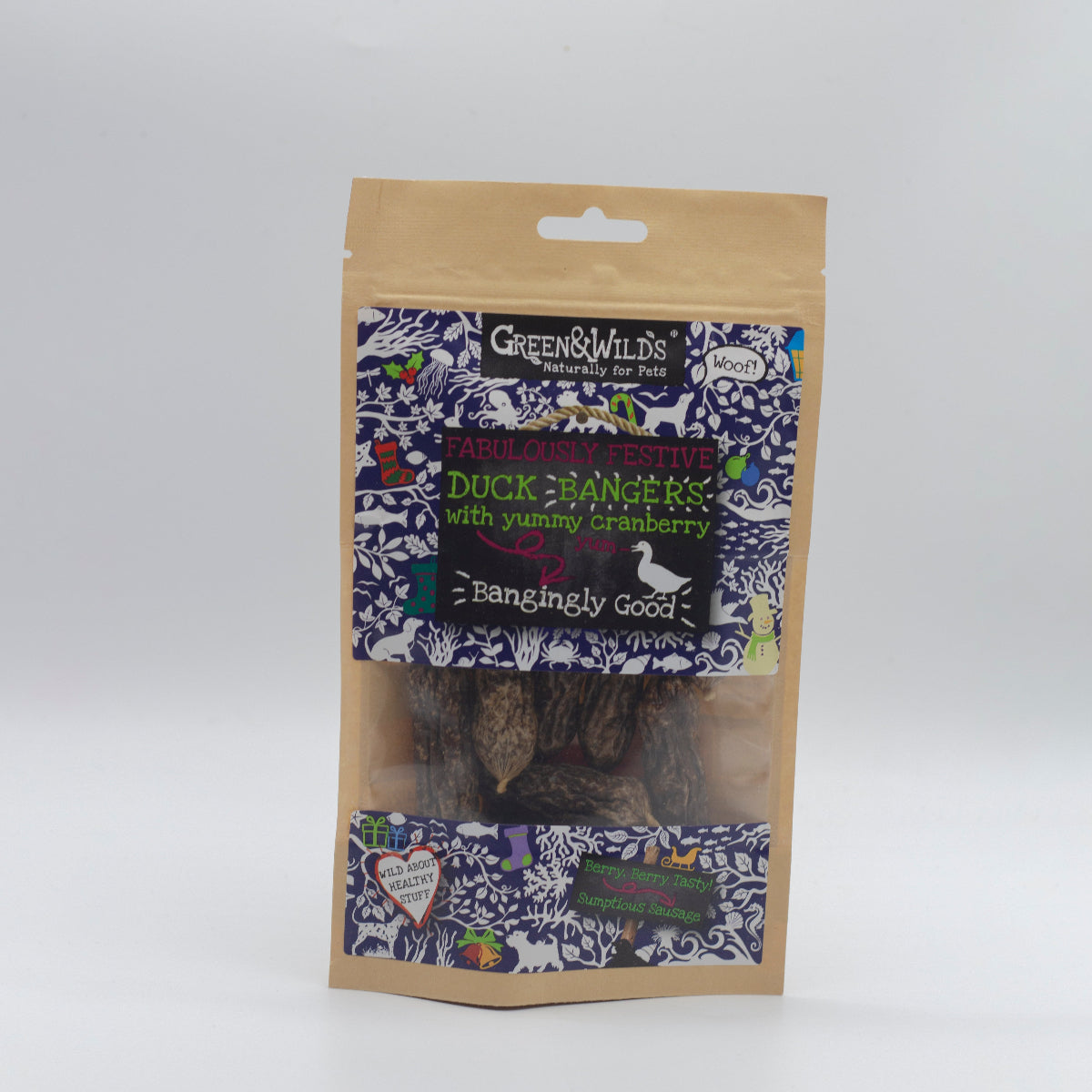 Package of Greens & Wilds Christmas dog treats flavoured duck and cranberry