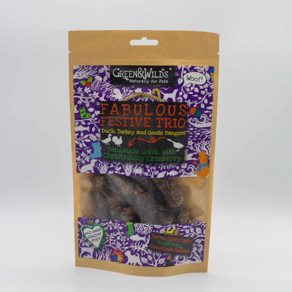 Package of Greens & Wilds Christmas dog treats flavoured Venison, duck, turkey and cranberry
