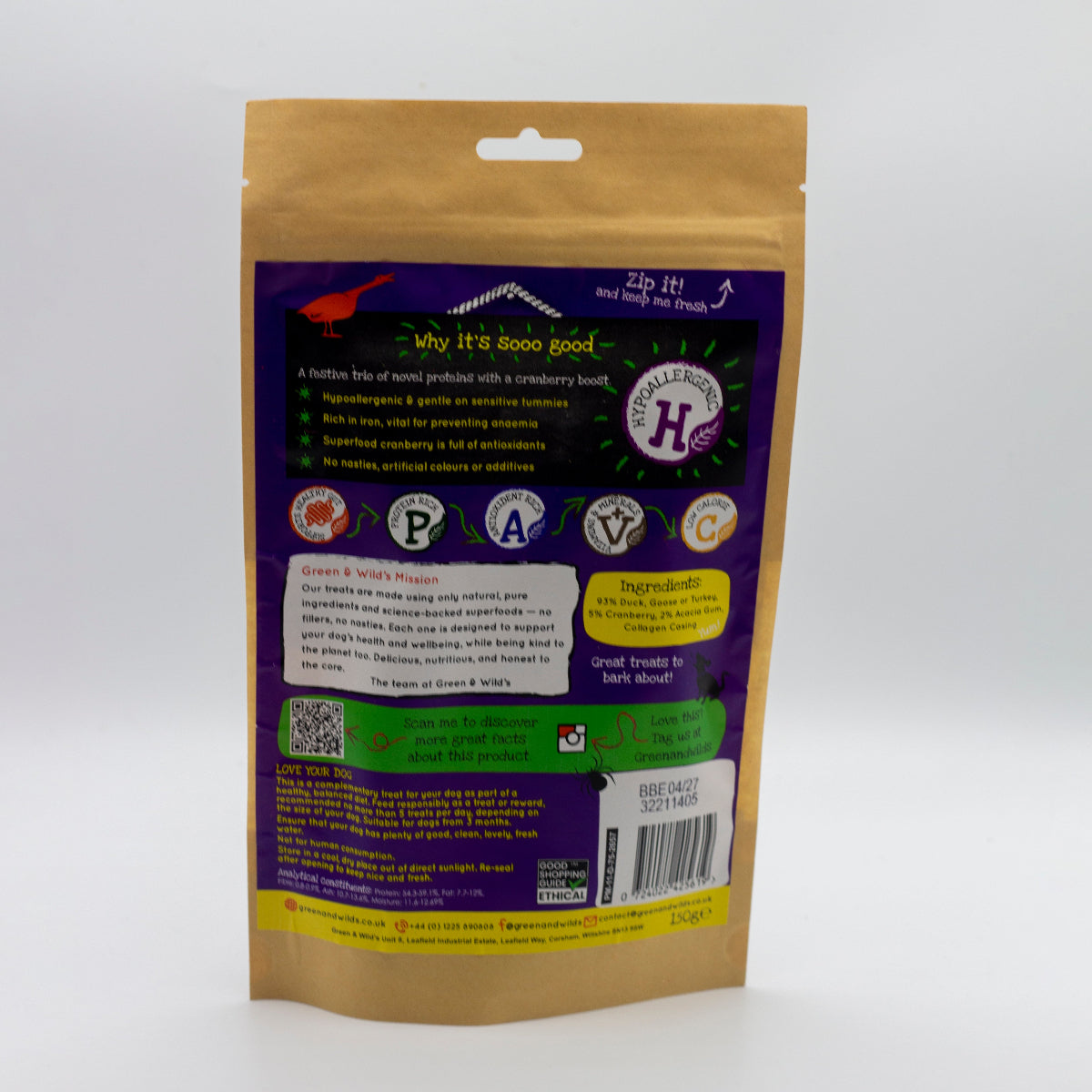 Package of Greens & Wilds Christmas dog treats flavoured Venison, duck, turkey and cranberry