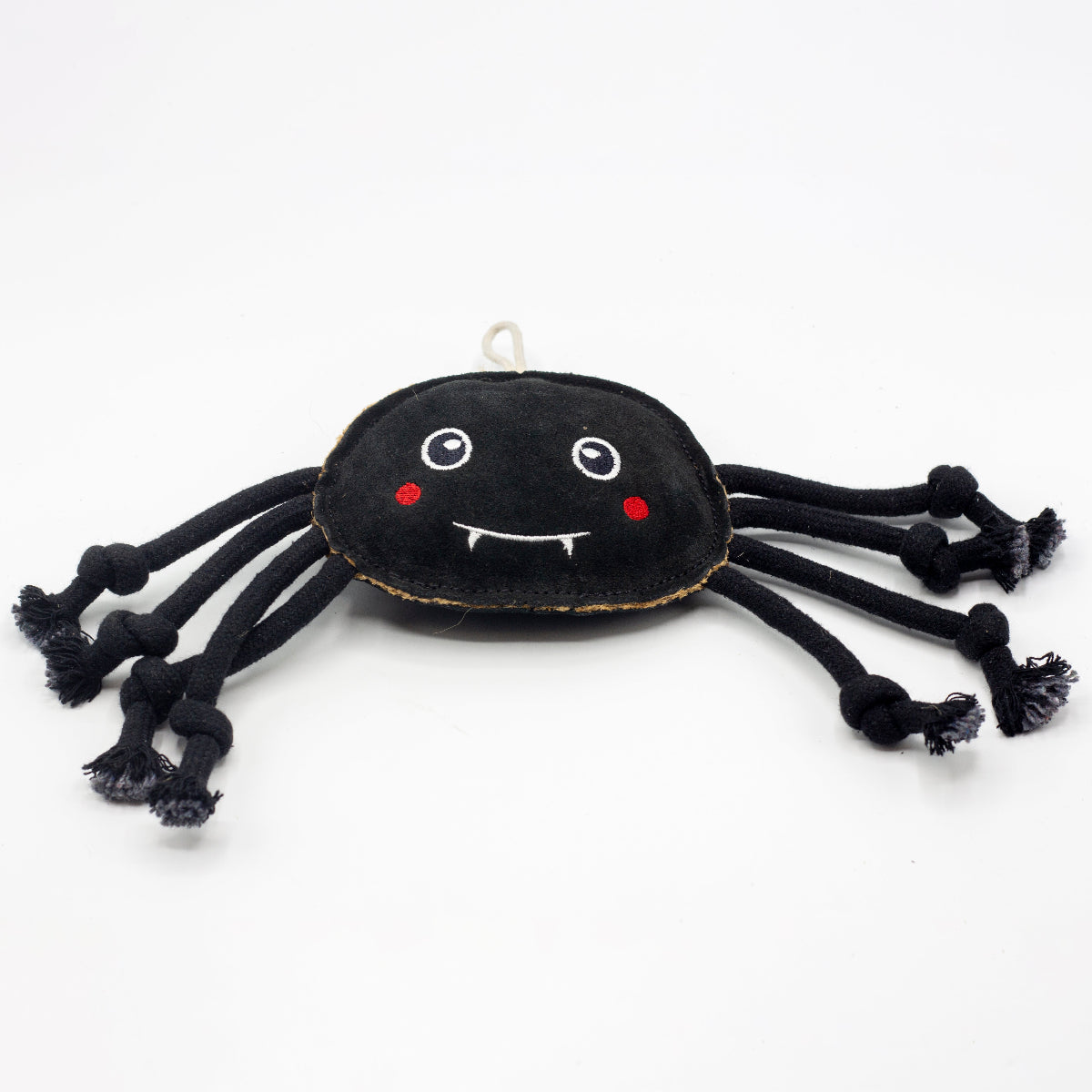 Black spider-shaped dog toy with fangs