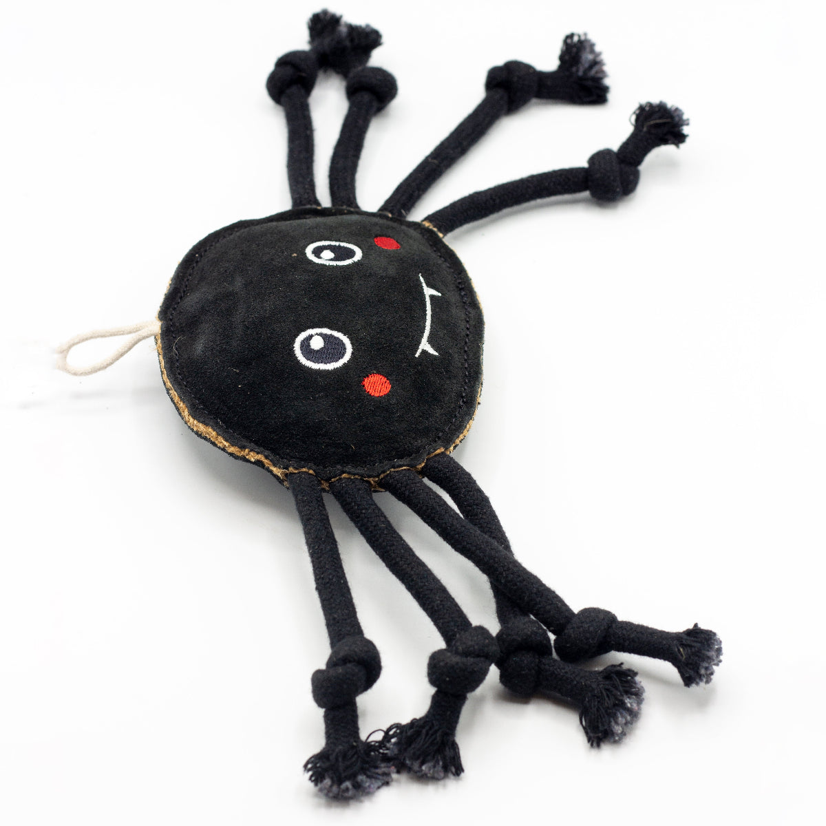Black spider-shaped dog toy with fangs
