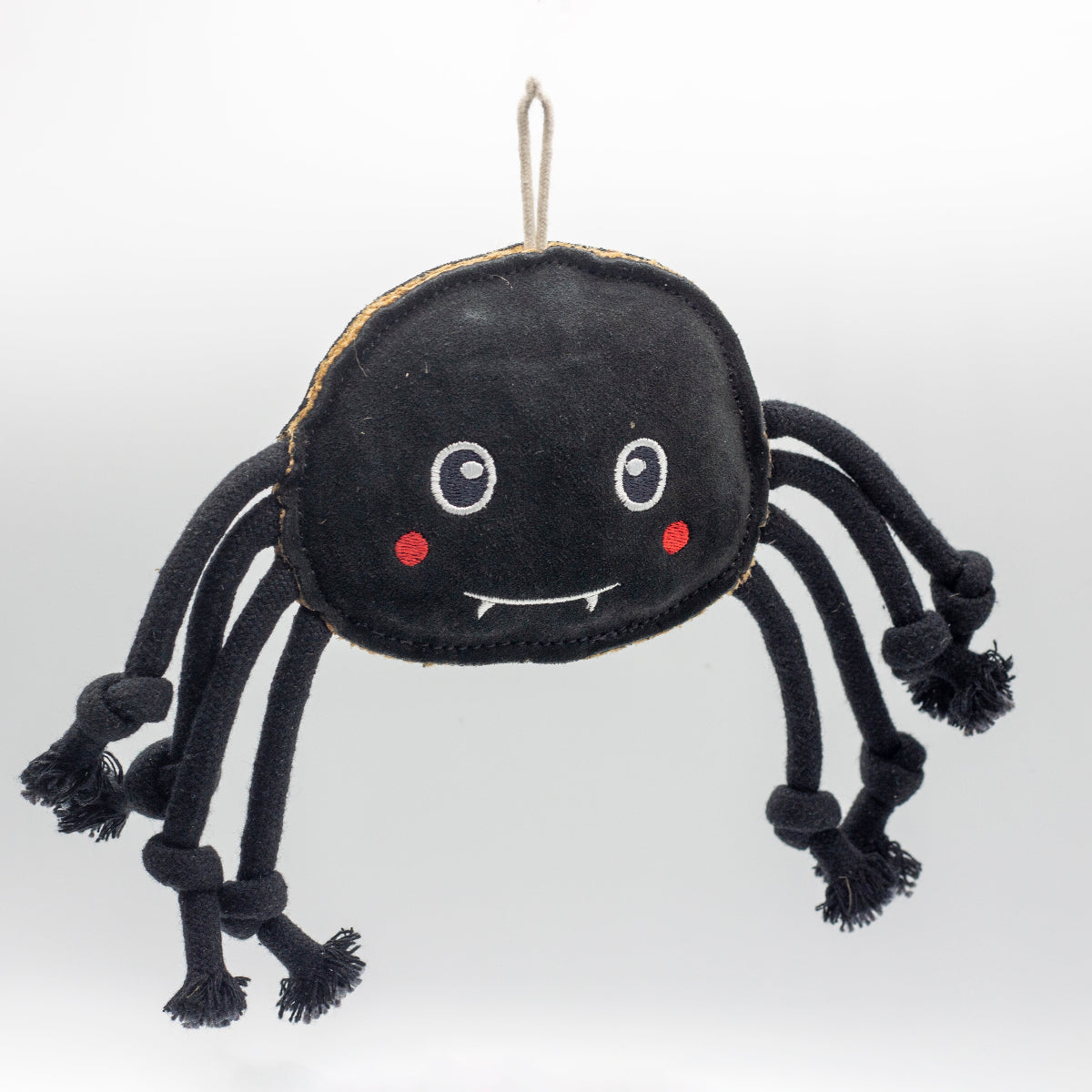 Black spider-shaped dog toy with fangs