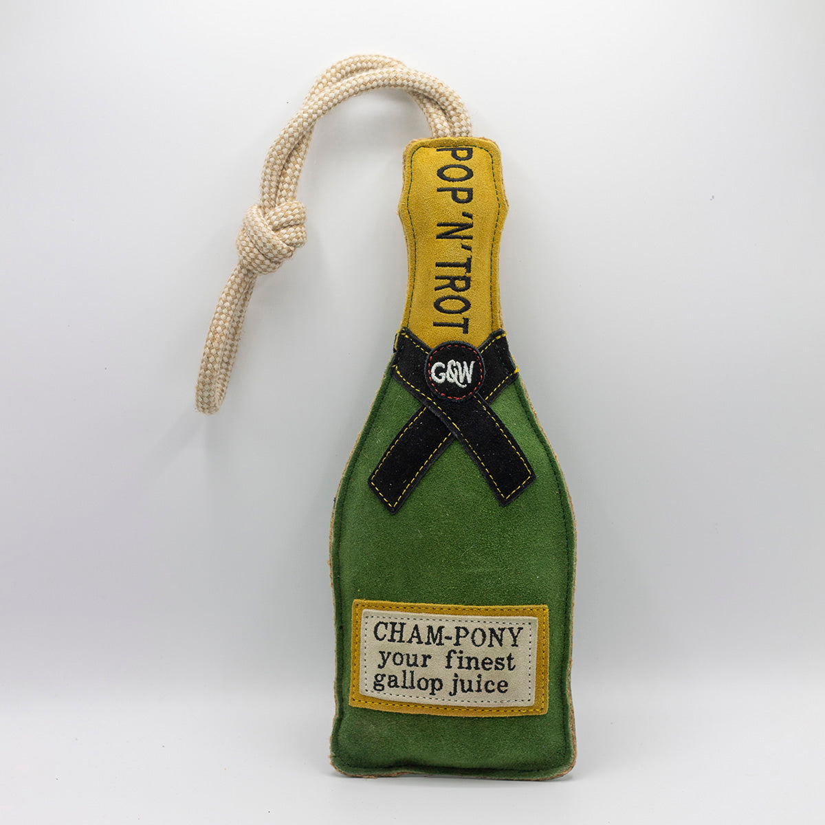 Horse and dog toy shaped like a champagne bottle with a label