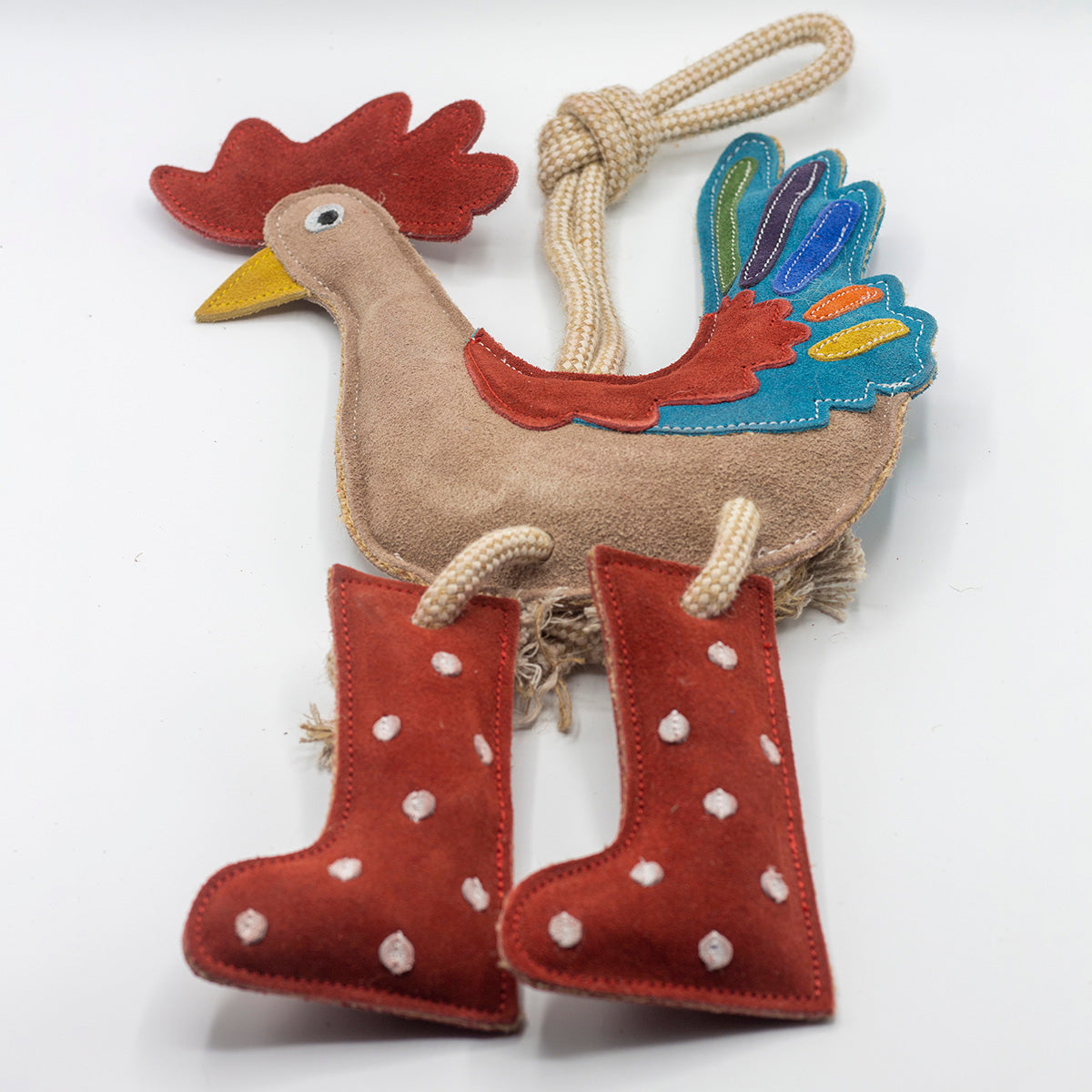 Rooster-shaped horse and dog toy with rope handle from green and wilds