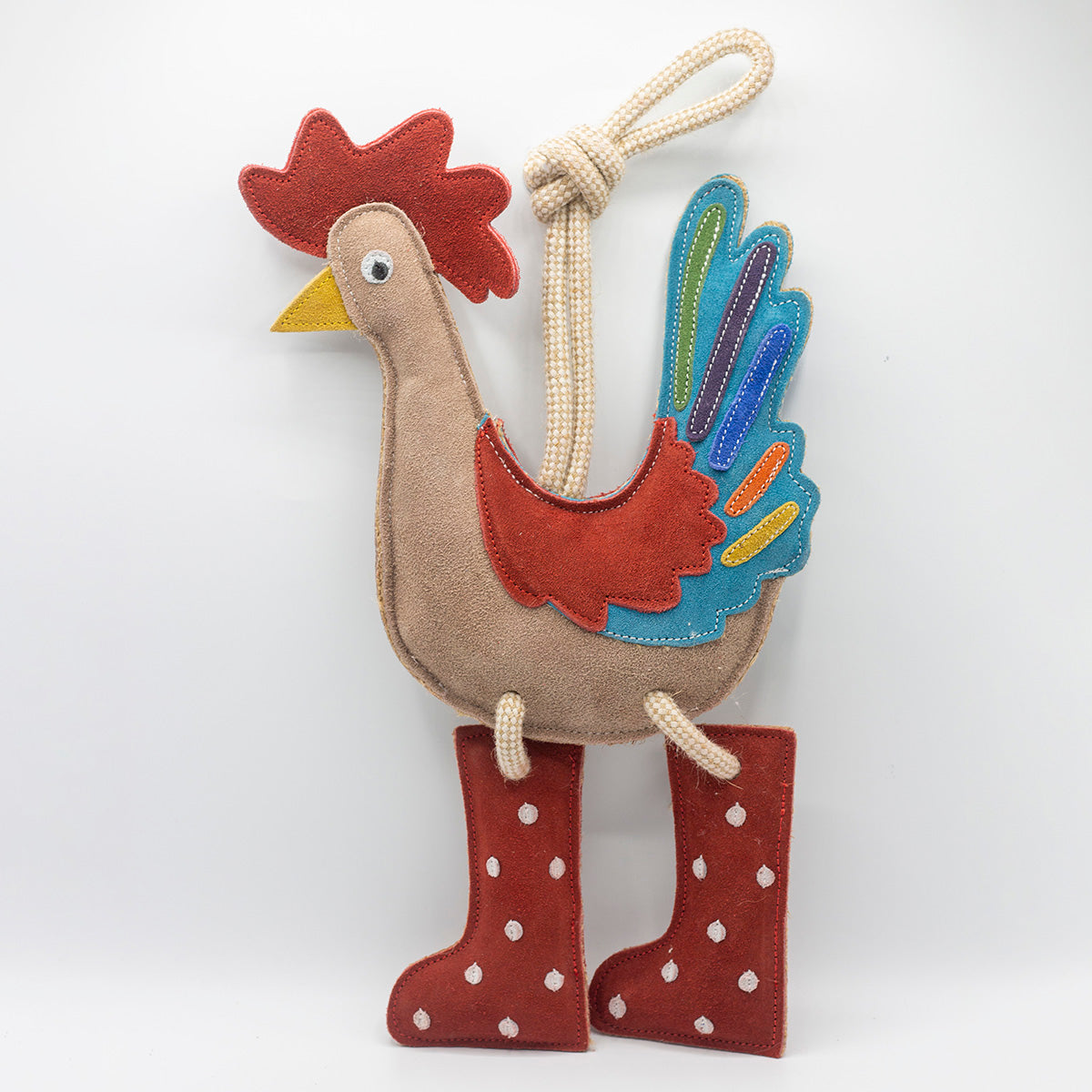 Rooster-shaped horse and dog toy with rope handle from green and wilds