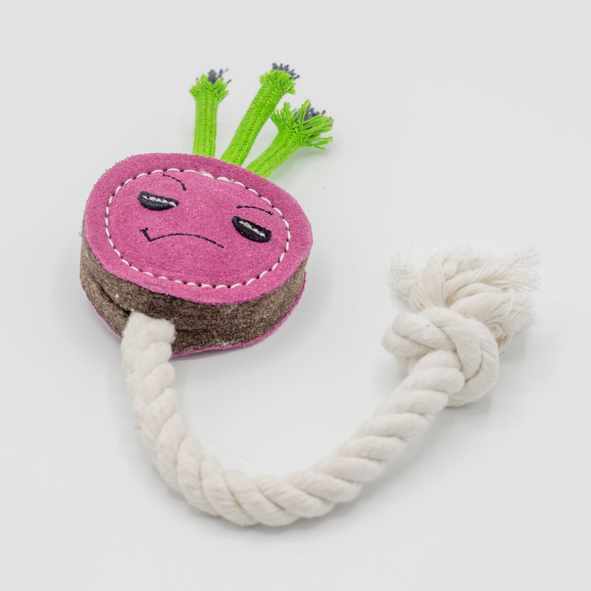 dog toy shaped like a purple radish with a rope on a white background