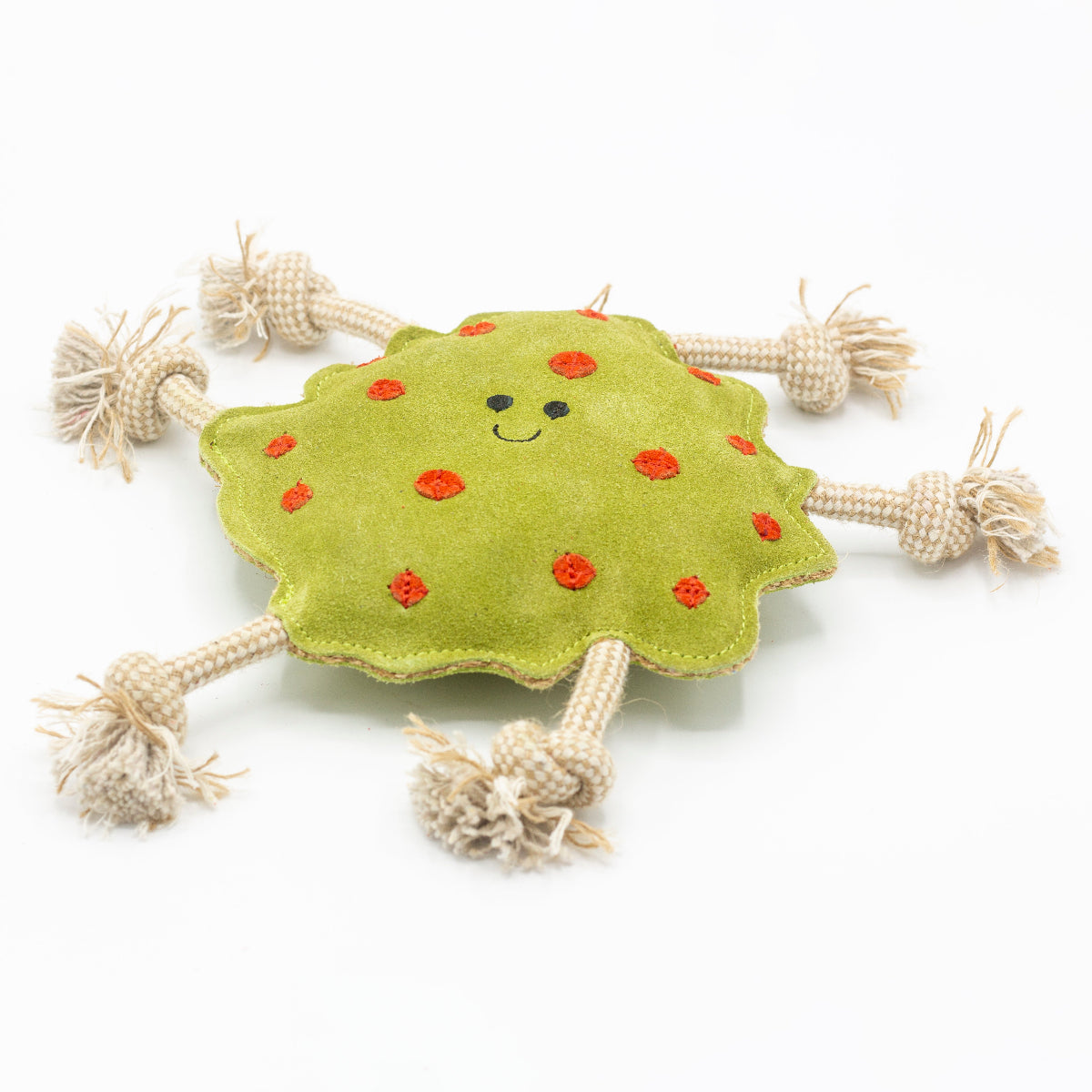 Green dog toy with red spots and rope handles
