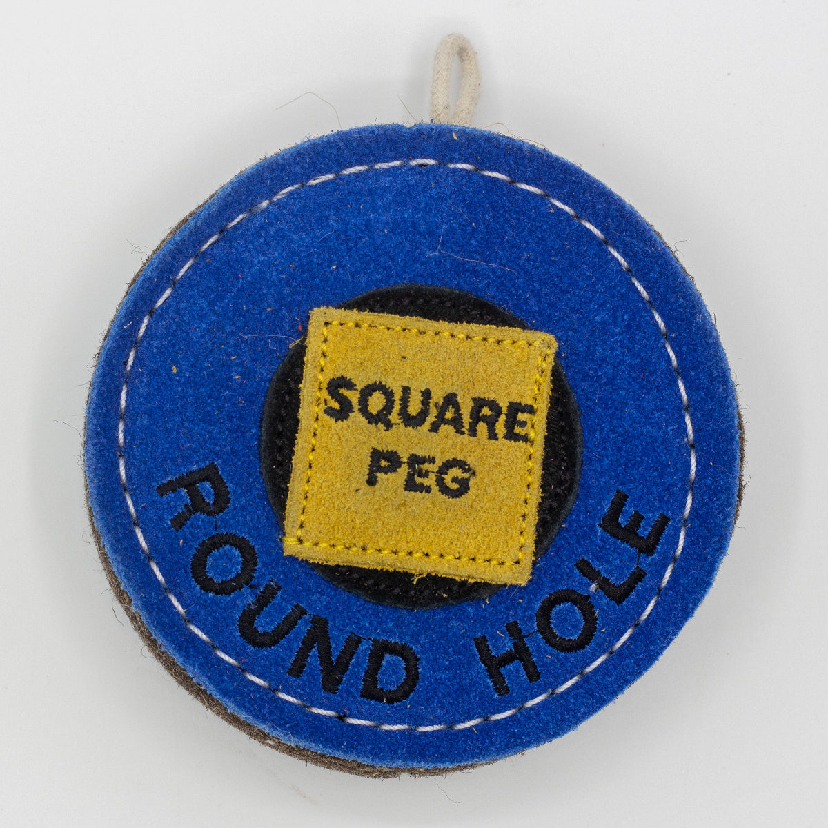 Blue circular dog toy labeled 'round hole' with a yellow square labeled 'Square Peg' inside