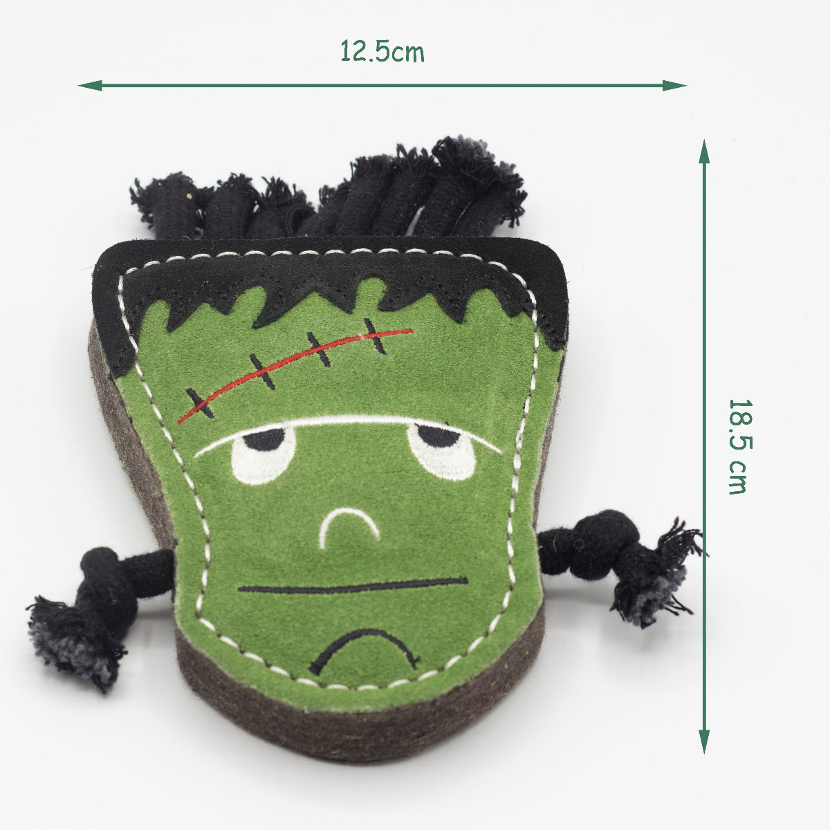 Halloween dog toy resembling a monster with black hair and stitch with dimensions