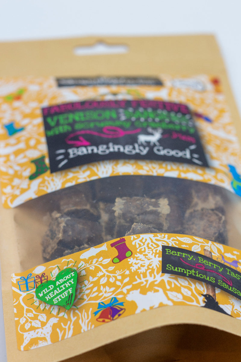Package of Greens & Wilds Christmas dog treats flavoured Venison and cranberry