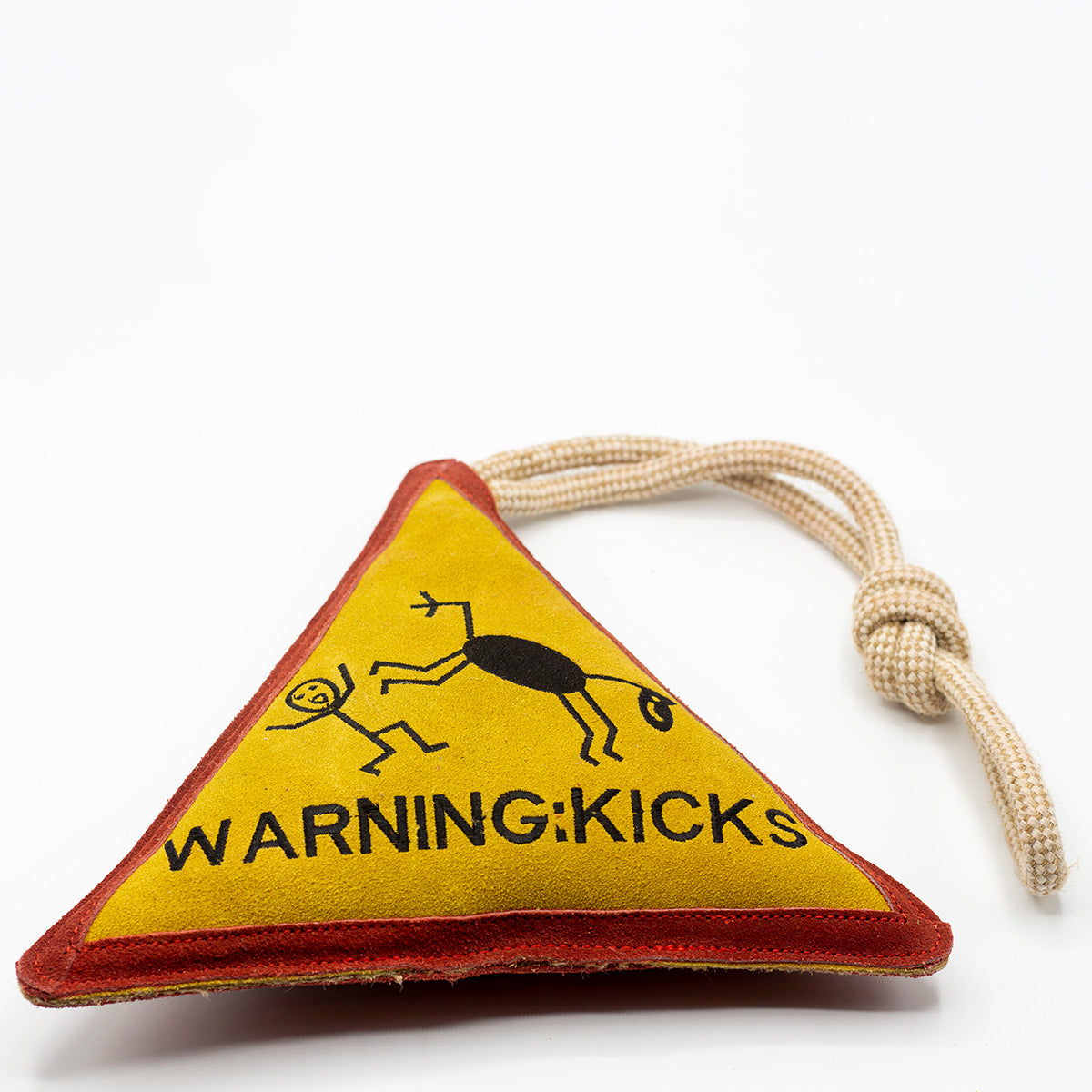 Triangle-shaped horse and dog toy with 'Warning Kicks!' warning sign and rope