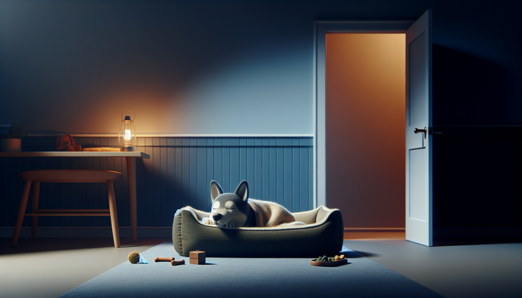 Dog asleep in his own bed with dog toys around him