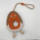 Dog toy shaped like a robin bird with a rope