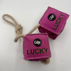 Pink dice-shaped horse and dog toy with green numbers and a rope
