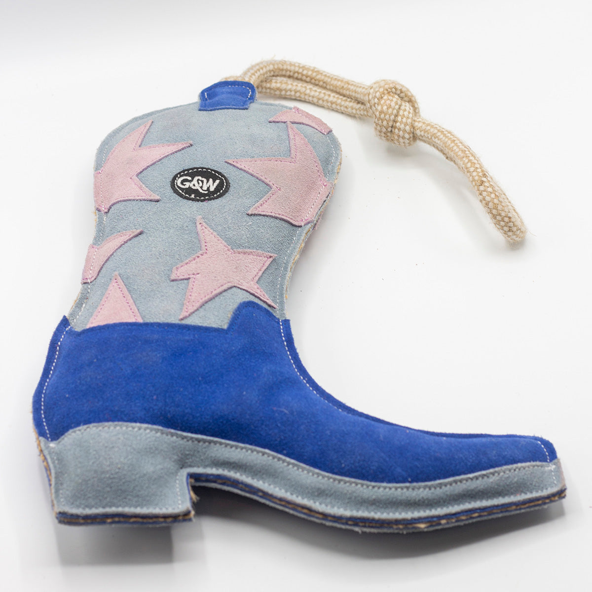 Blue and grey cowboy boot-shaped dog toy with pink stars