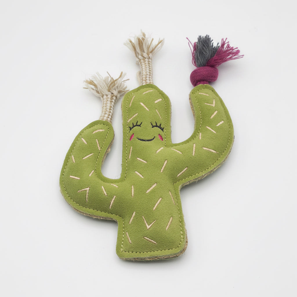 Green cactus-shaped dog toy with a smiling face