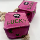 Pink dice-shaped horse and dog toy with green numbers and a rope