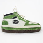 dog toy shaped of Green and brown sneaker with white laces