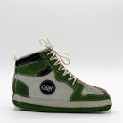 dog toy shaped of Green and brown sneaker with white laces