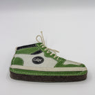 dog toy shaped of Green and brown sneaker with white laces