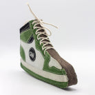 dog toy shaped of Green and brown sneaker with white laces