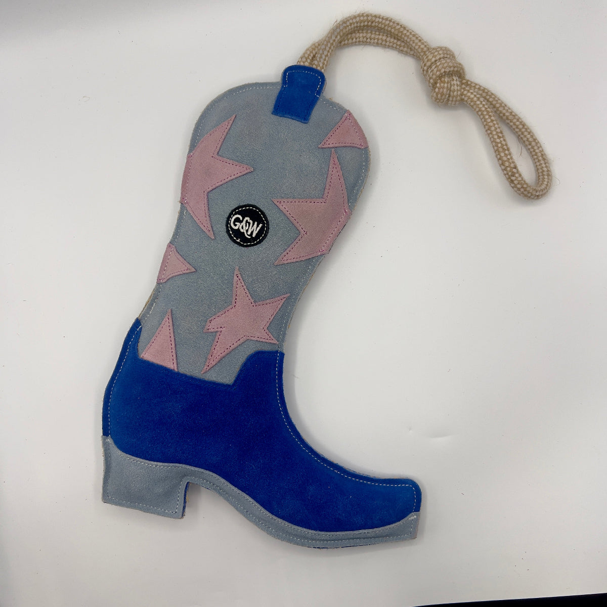 Blue and grey cowboy boot-shaped dog toy with pink stars