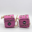 Pink dice-shaped horse and dog toy with green numbers and a rope