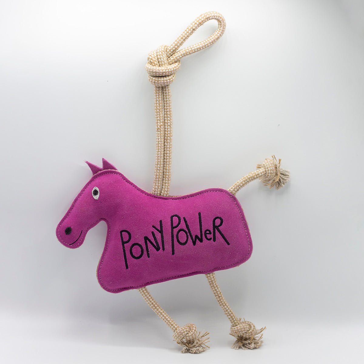 Pink horse-shaped horse and dog toy with 'PONY POWER' text and a rope from green and wilds