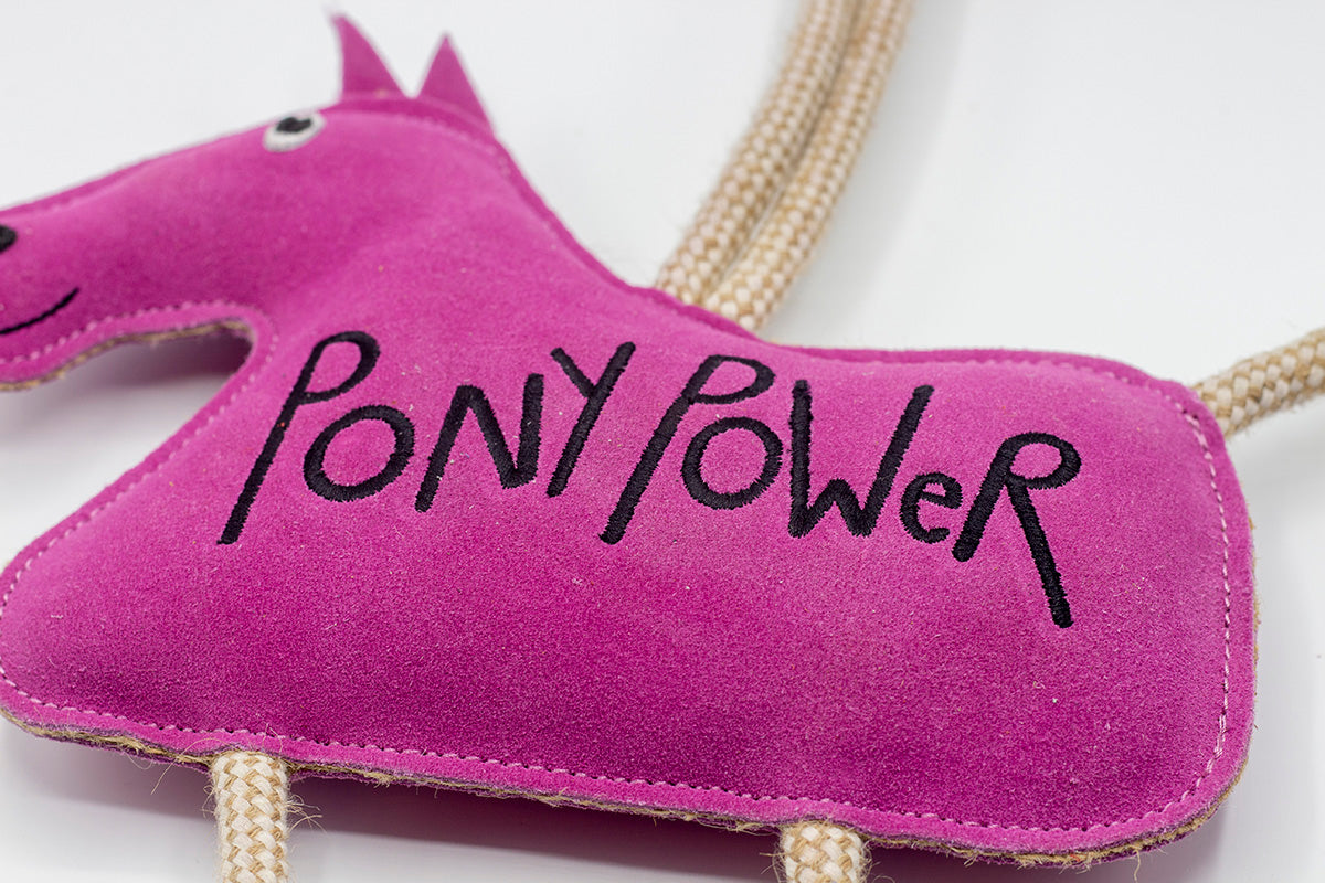 Pink horse-shaped horse and dog toy with 'PONY POWER' text and a rope from green and wilds