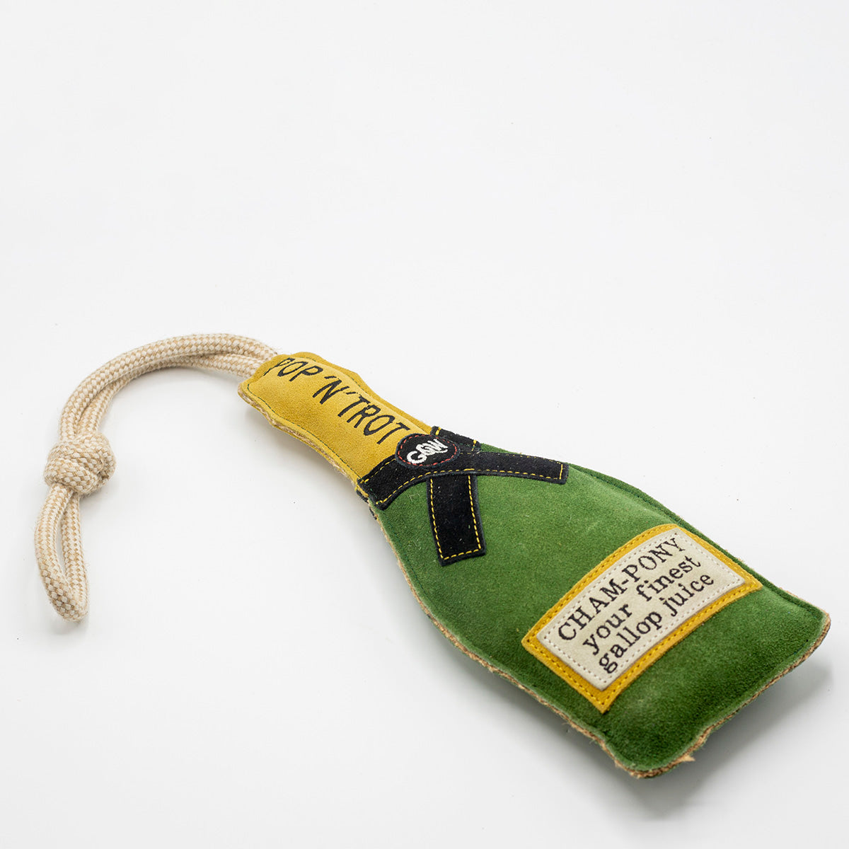 Horse and dog toy shaped like a champagne bottle with a label