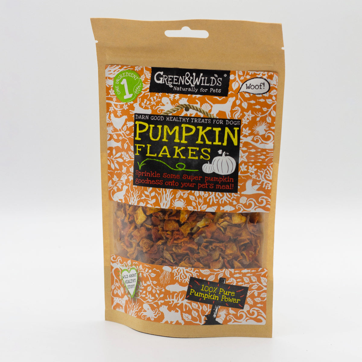 Package of Green & Wilds Pumpkin Flakes dog food supplement