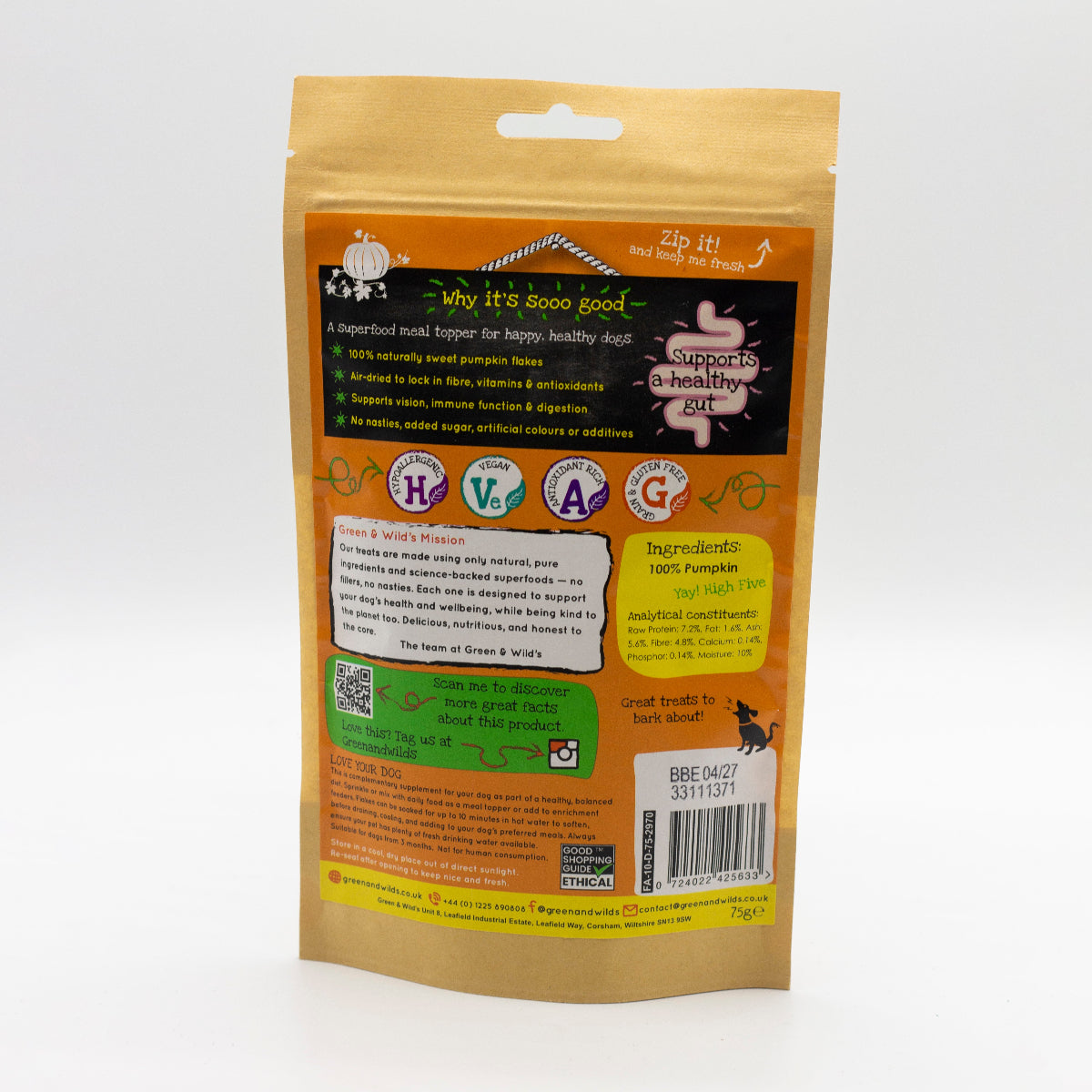 Package of Green & Wilds Pumpkin Flakes dog food supplement