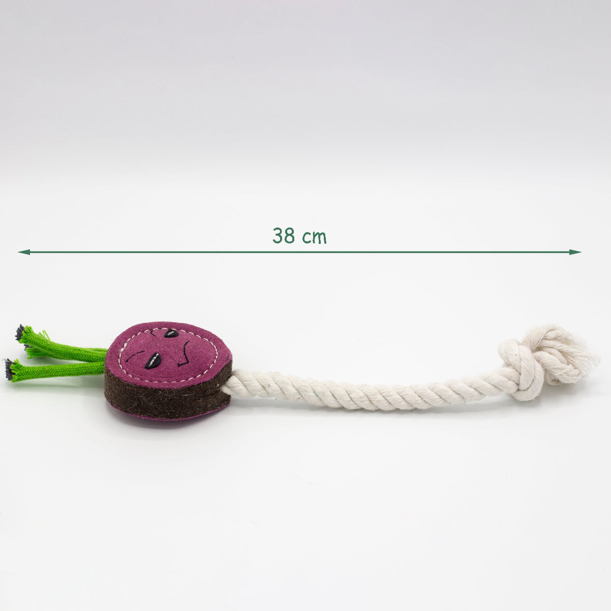 dog toy shaped like a purple radish with a rope on a white background