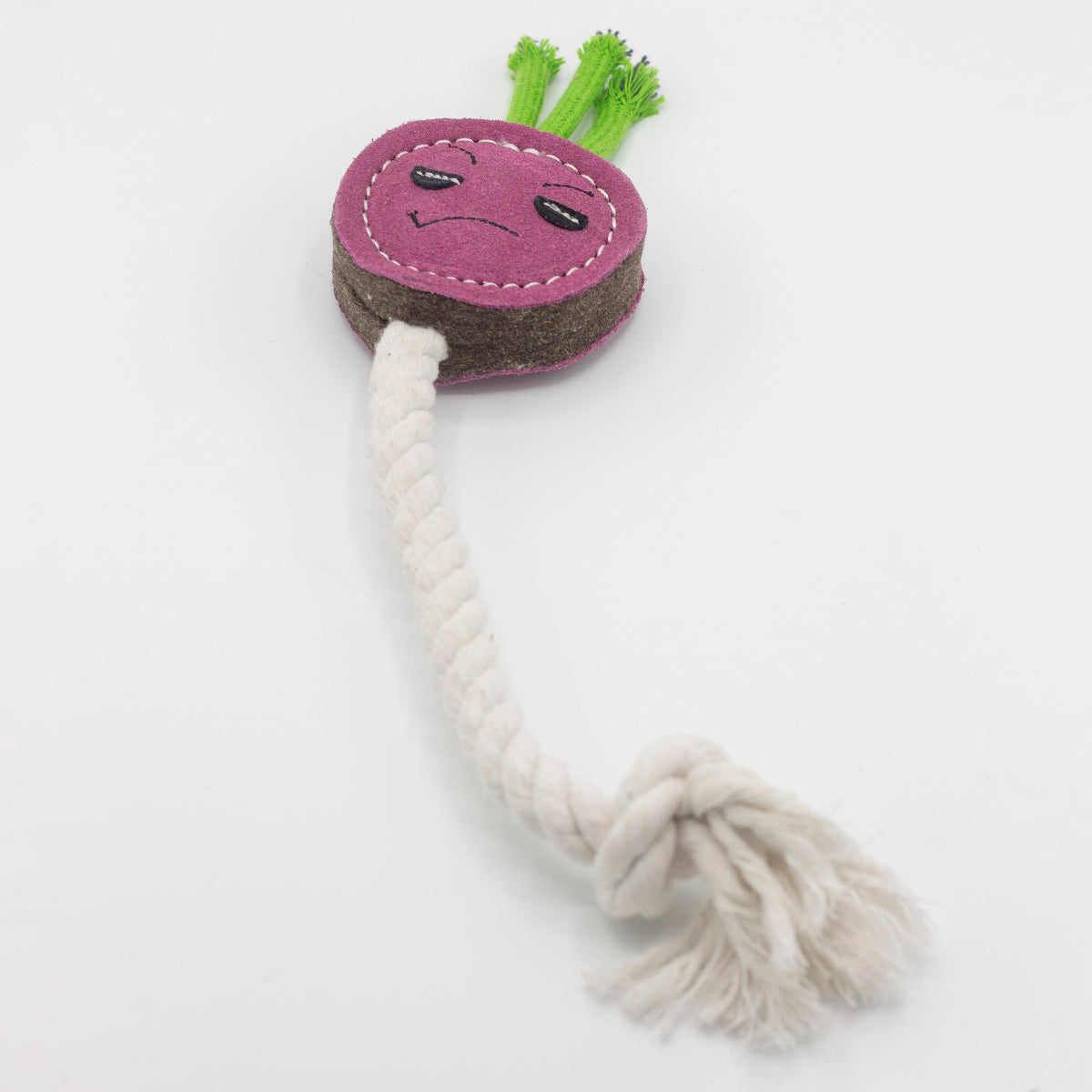 dog toy shaped like a purple radish with a rope on a white background
