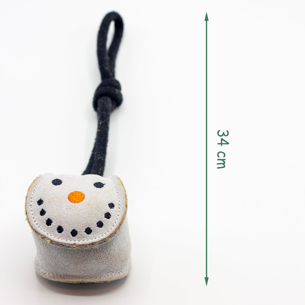Small grey snowball-shaped Christmas dog toy with a black rope
