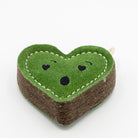 Heart-shaped green eco friendly dog toy with a surprised face