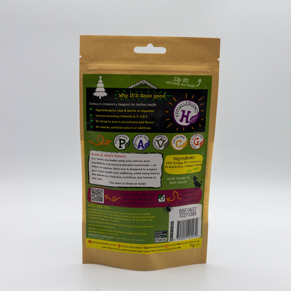 Package of Green & Wilds turkey treats with a decorative label on a white background