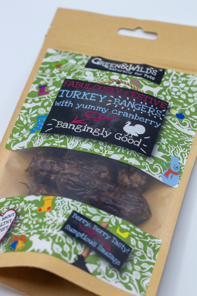 Package of Green & Wilds turkey treats with a decorative label on a white background