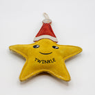 Star-shaped Christmas dog toy with a red Santa hat and 'Twinkle' text on a white background
