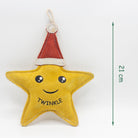 Star-shaped Christmas dog toy with a red Santa hat and 'Twinkle' text on a white background