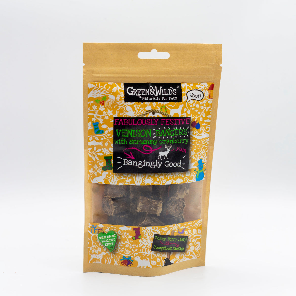 Package of Greens & Wilds Christmas dog treats flavoured Venison and cranberry
