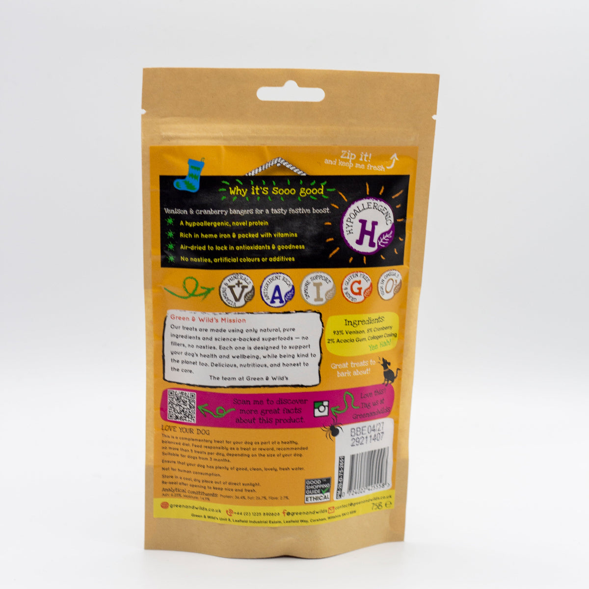 Package of Greens & Wilds Christmas dog treats flavoured Venison and cranberry