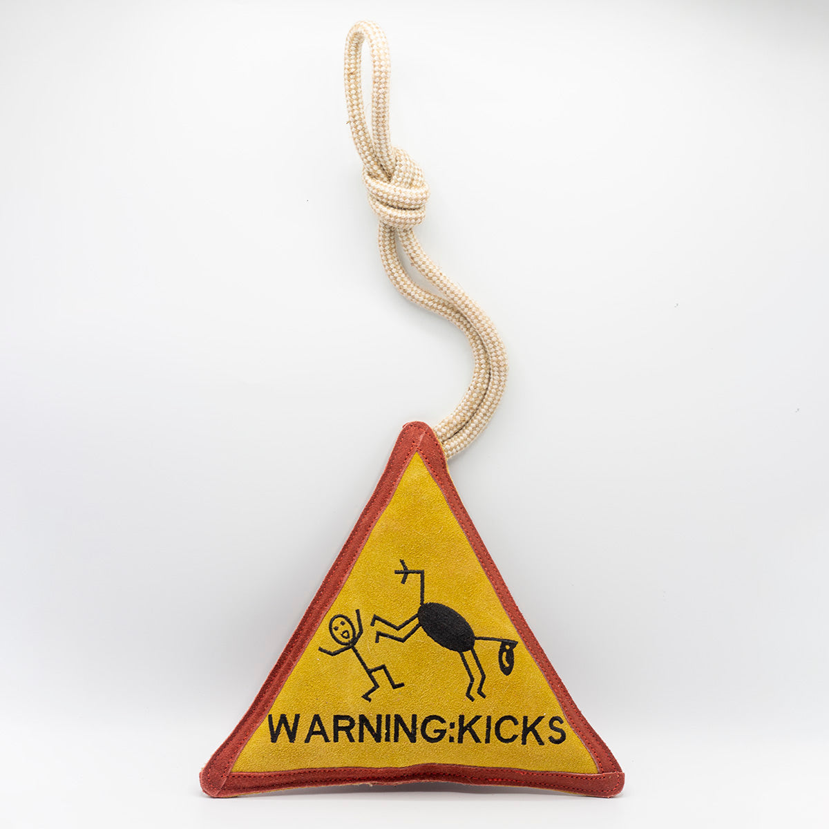 Triangle-shaped horse and dog toy with 'Warning Kicks!' warning sign and rope